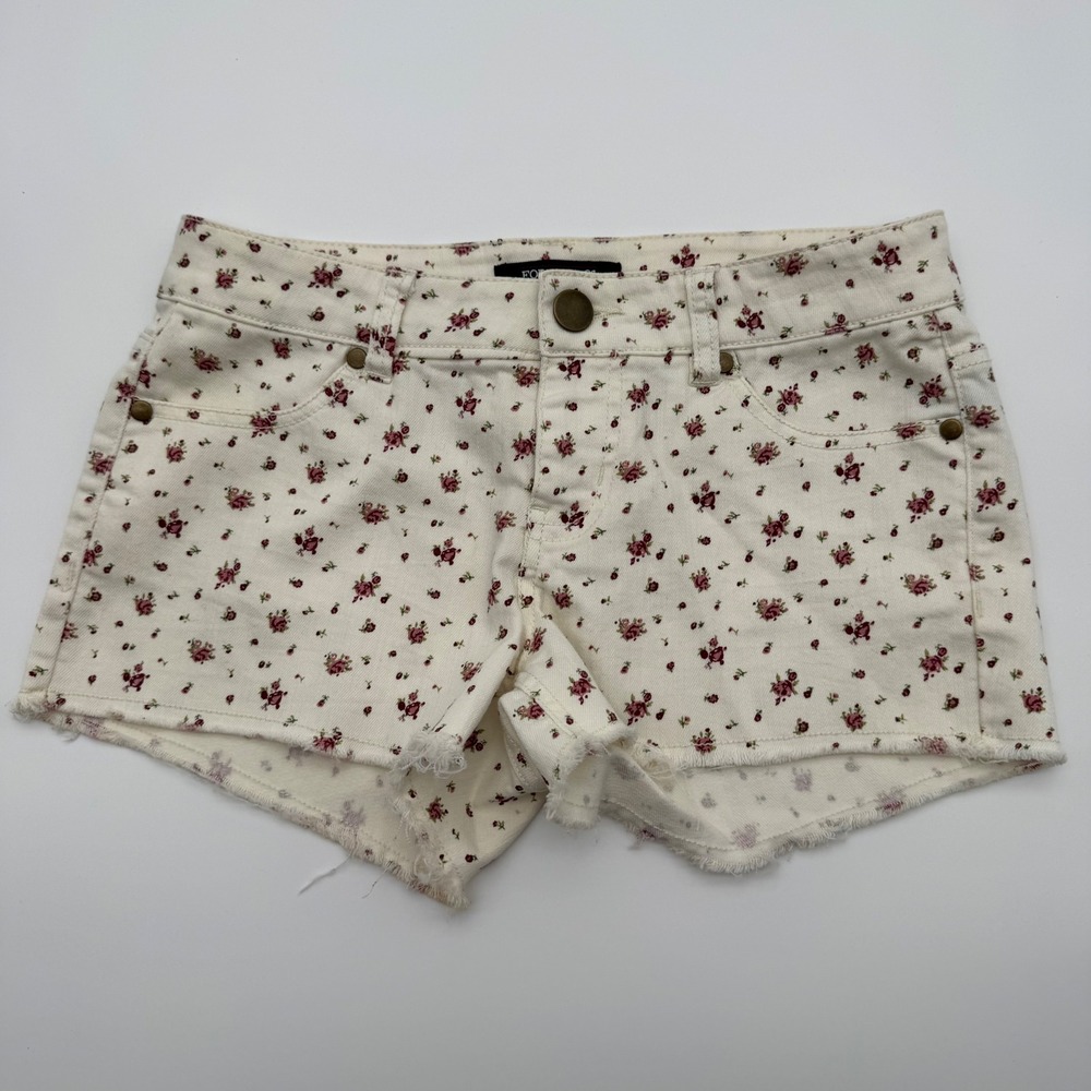 Forever 21 Premium Denim Floral Cut Off Shorts Cream Burgundy Size 26 Low Rise